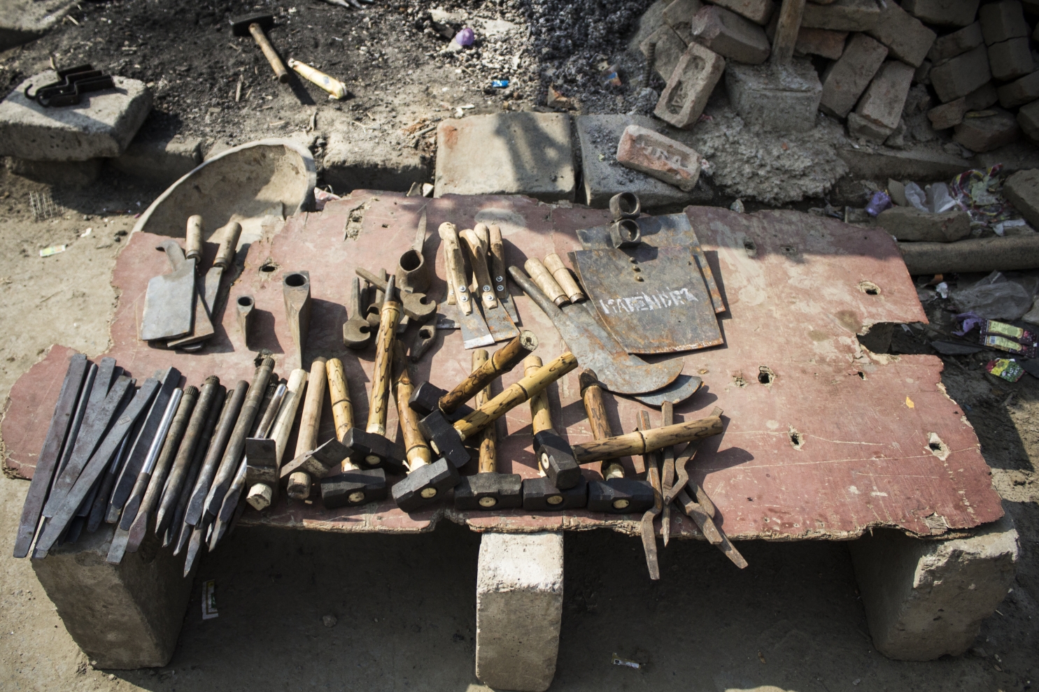 Iron tools kept in one of the Blacksmith's shops for sale.