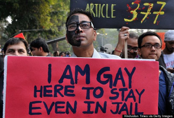 NEW DELHI, INDIA - DECEMBER 15: LGBT (lesbian, gay, bisexual and transgender) activists protest against Supreme Court's judgement on Section 377 that upheld section 377 of the Indian Penal Code that criminalizes homosexuality at Jantar Mantar on December 15, 2013 in New Delhi, India. India's Supreme Court last week reversed a landmark 2009 lower court order that had decriminalized gay sex. (Photo by Mohd Zakir/Hindustan Times via Getty Images)