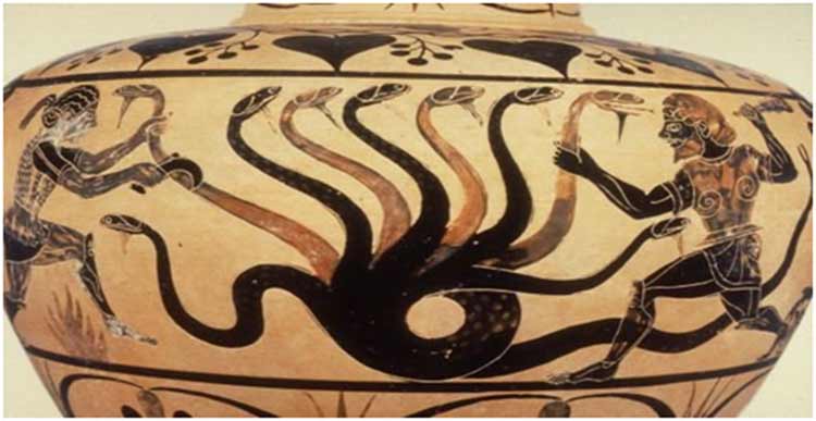 Panel of Hercules Slaying the Lernean Hydra: The second labor of Hercules was to slay the monstrous Lernean Hydra. From the murky waters of its swampy den, the hydra rises up whenever challenged and attacks with the poisonous venom of its nine heads, one head of which is immortal and therefore indestructible. Not a beast of easy prey for anyone who dares to challenge it in mortal combat. Hercules ultimately slays the hydra by calling upon Iolaus – One of the divine mythic-hero Argonauts – to help him prevent the hydra’s ninth and final immortal head from endlessly regenerating itself against him until Hercules finally has the better of the beast.