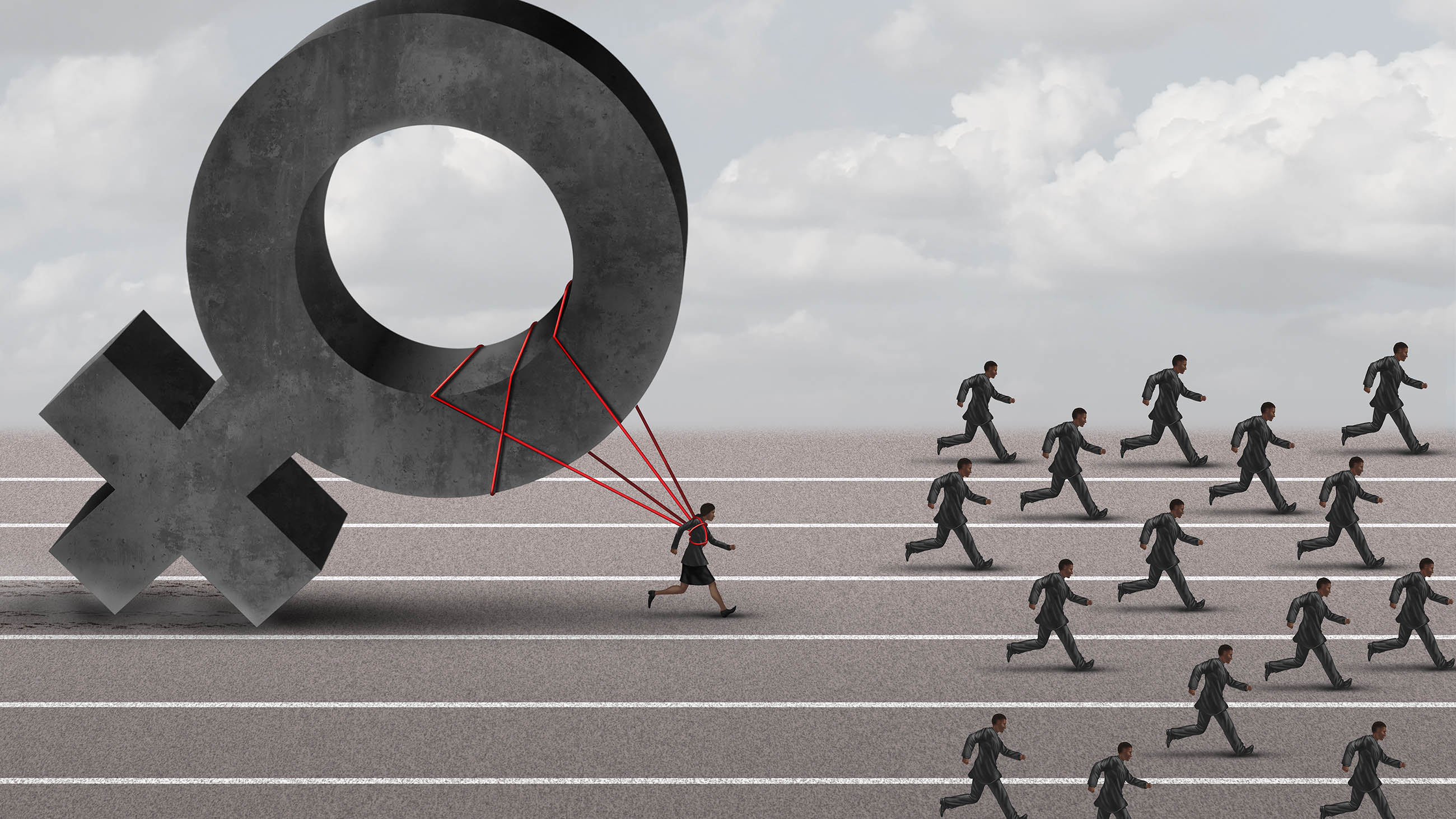 Sexism descrimination concept as a struggling woman with the burden of pulling a heavy female 3D illustration symbol falling behind a group of running businessmen or men as an unfair gender bias icon.