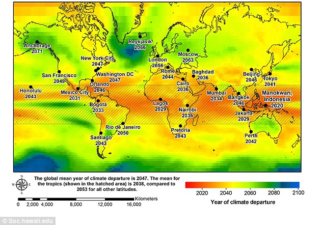 Climate Departure: This map shows the cities irrevocable climate change will hit first and what year it will begin if nothing is done to stabilize carbon dioxide emissions 