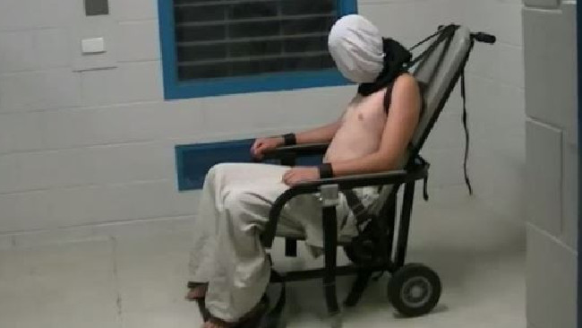 Dylan Voller, strapped to a mechanical restraint chair in Darwin’s notorious Don Dale juvenile unit was once a football-loving teenager, but was shackled and placed in a ‘spit hood’ in custody. Picture: ABC