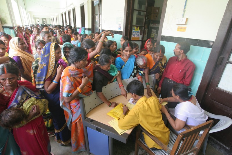 People waiting to get registered at Motihari District Government Hospital in East Champaran, Bihar. With so few doctors employed to work in the public sector of healthcare in India, this scene is typical.