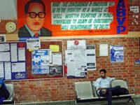 This is the latest ABVP’s poster put up on the wall of SIS building (new) of JNU with the portrait of Dr. Ambedkar. The poster qoutes him without mentioning the reference as saying that if Dalits convert to Islam or Christianity, it will “denationalize them”. Photo: Samim Asgor Ali