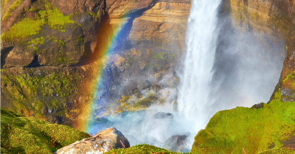 haifoss canyon waterfall rainbow iceland
