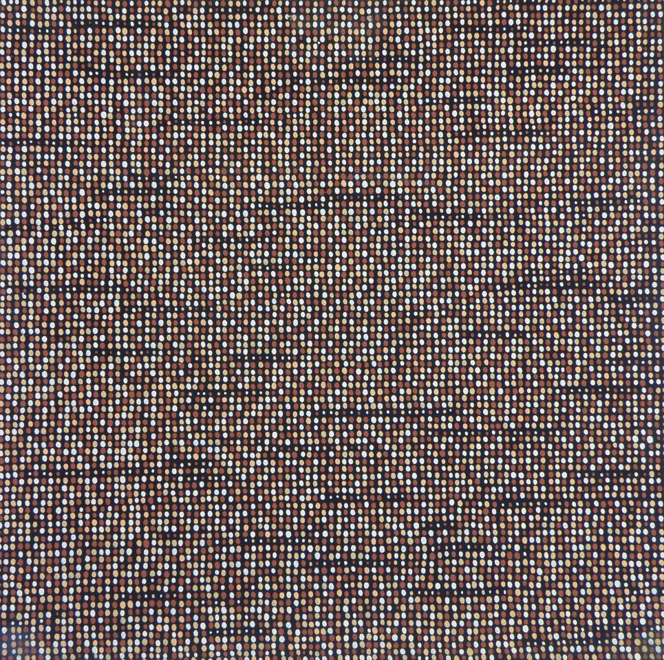 Unfinished Portrait: Iraq, Afghanistan, Pakistan, 2013. One of the thirty-eight panels painted with dots representing faces of Iraqi, Afghan and Pakistani children (the tiniest dots you see),  women, and men who have died in these wars. Together, these panels represent 335,768 faces. 