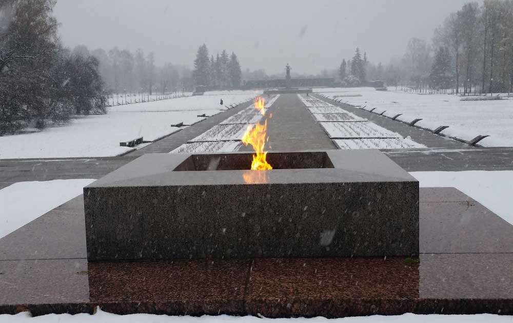 Memorial flame at Piskariovskoye Cemetery in St. Petersburg, where nearly half a million victims of the siege of Leningrad are buried.