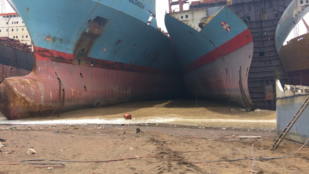 Maersk Georgia and Maersk Wyoming are beached by the Shree Ram yard in Alang, where they lie wedged between other end-of-life vessels in the intertidal zone. The tidal range is 13 meters. Photo: S. Rahman.
