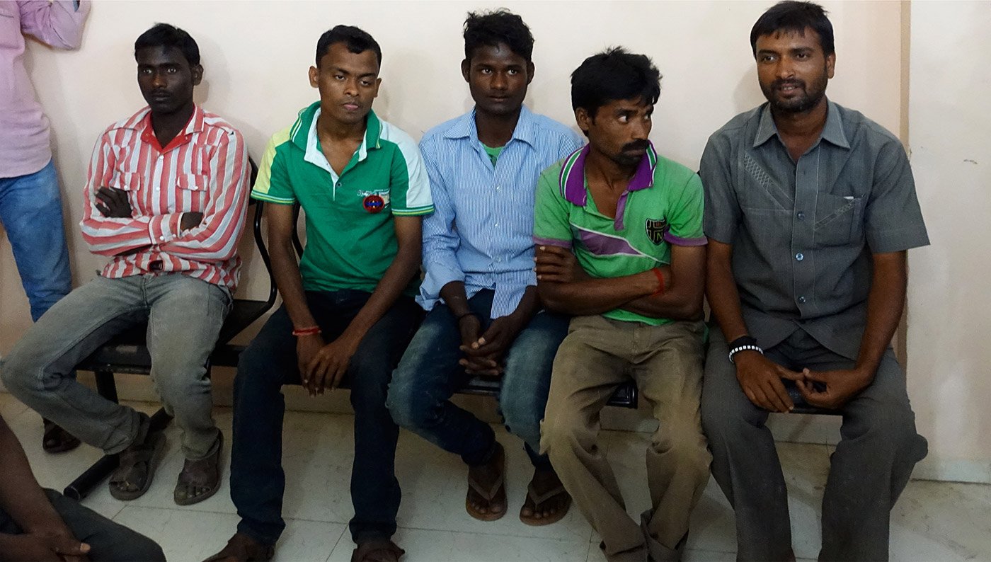 Waiting in the Adul branch of the SBH for the verification process,  left to right: Rinku Rehuwamansoor, Notan Panda, Umesh Munda, Bappi Dulai and Rann Vijay Singh. That done, their accounts will soon be operational  – but how do they operate them while on the move? Photo/P.Sainath