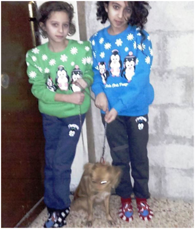 Nagham and Lucy with their new puppy, “Lucy” on December 6, 2016.Ghina’s leg is much better and she is also receiving physical therapy in Damascus.Photo: Franklin Lamb