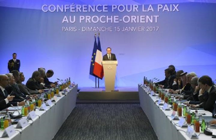 French President Francois Hollande delivers a speech at the Mideast peace conference in Paris
