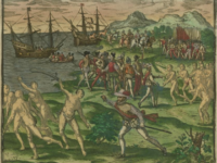 Colonial enslavement of Native Americans, 
An image from 1595 depicting conflict between Native Americans in Mexico and Spanish colonists led by Francisco de Montejo. Courtesy of the John Carter Brown Library at Brown University