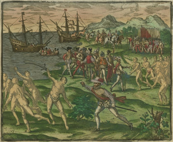 Colonial enslavement of Native Americans, An image from 1595 depicting conflict between Native Americans in Mexico and Spanish colonists led by Francisco de Montejo. Courtesy of the John Carter Brown Library at Brown University 