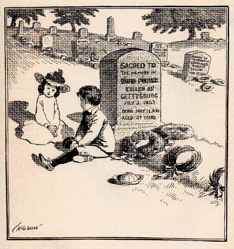 "You bet I'm goin' to be a soldier, too, like my Uncle David, when I grow up.” "On Decoration Day" Political cartoon c 1900 by John T. McCutcheon. 