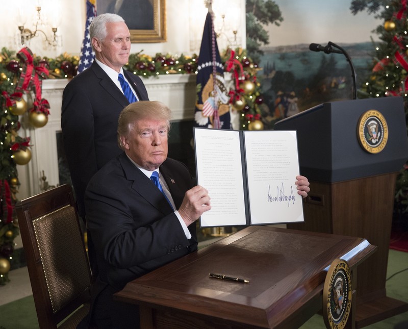 Donald Trump signs an executive order declaring Jerusalem the capital of Israel at the White House on 6 December. Chris KleponisCNP