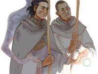 Above, two characters of the Earthsea world: Ged and Vetch (Ged is the one with the scars on his face). Behind Ged, the Shadow. A wonderful image by Paul Duffield.