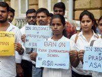 Mumbai: Ambedkar Students Association members protest outside the Bombay High Court to condemn the murder of Ryan International School student Pradyumna, in Mumbai on Wednesday. PTI Photo by Shashank Parade  (PTI9_13_2017_000142B)