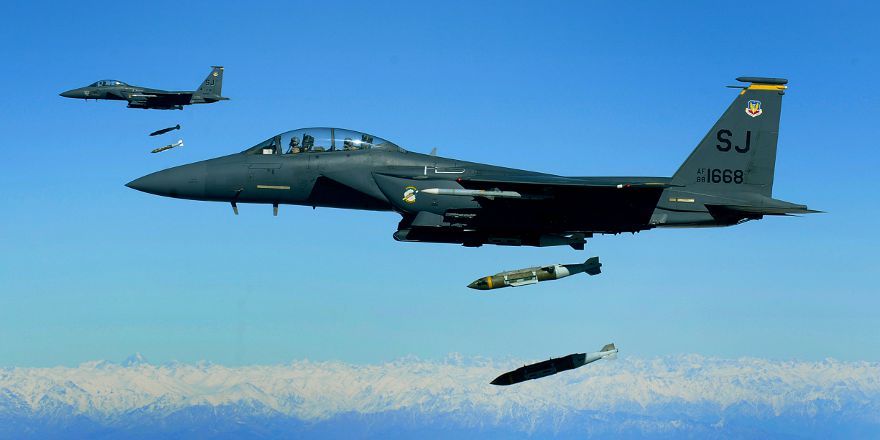 USAF F 15E Strike Eagles 335th Expeditionary Fighter Squadron bombing run over Afghanistan