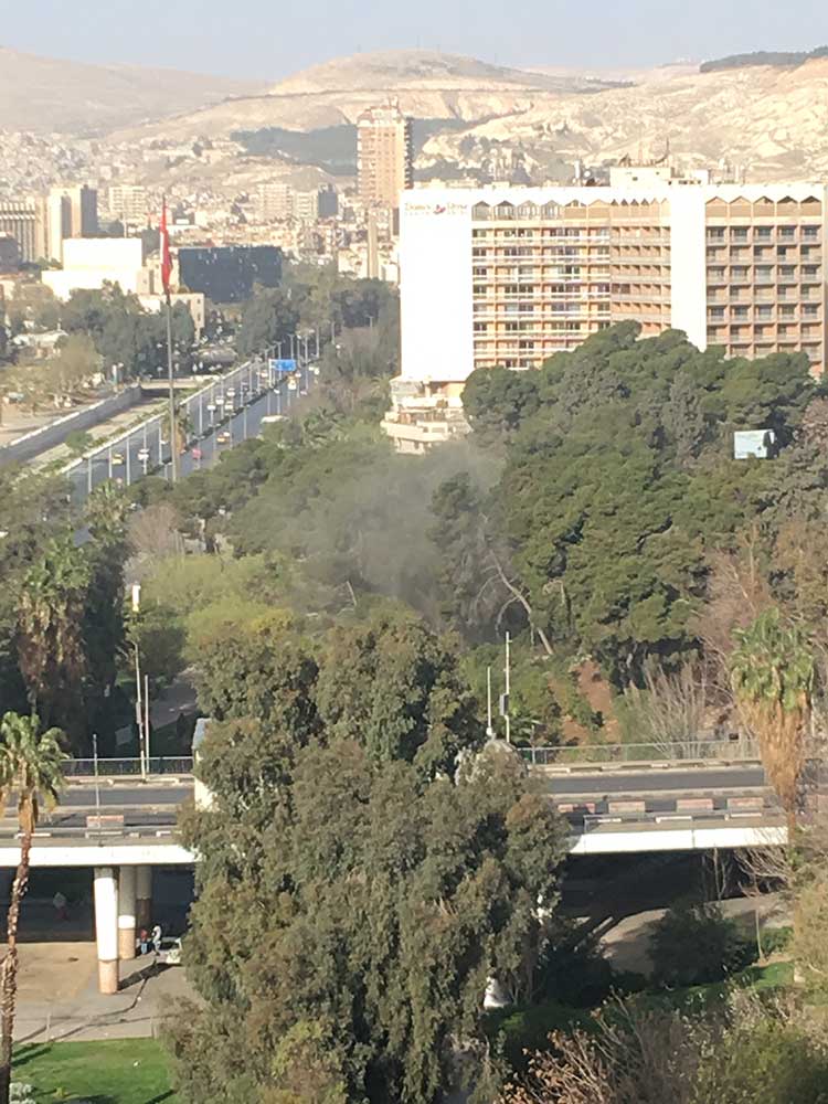 In Damascus Shelling a park right next to Four Seasons Hotel the UN accommodation from East Ghouta