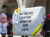 Greenpeace activists delivered a mattress to the Environmental Protection Agency’s headquarters with a message reading "Take Your Used Trump Hotel Mattress and Resign Already.” The delivery was in response to the revelation that EPA administrator Scott Pruitt asked a top aide to find him a used Trump Hotel mattress, and comes at a time when Pruitt faces intense criticism over misuses of his office as EPA administrator and his deep conflicts of interest with the fossil fuel industry., 8.18.46.EPA Mattress Delivery