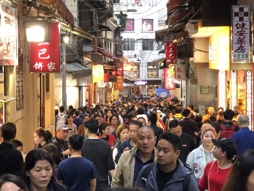 in historic Macau pedestrian traffic jams