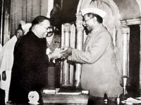 Dr. Babasaheb Ambedkar, chairman of the Drafting Committee, presenting the final draft of the Indian Constitution to Dr. Rajendra Prasad on 25 November, 1949