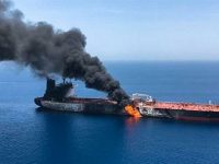 Fire and smoke billowing from Norwegian-owned Front Altair tanker said to have been attacked in the waters of the Sea of Oman on June 13, 2019 [Credit: ISNA]