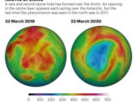Satellite data from NASA shows the ozone layer above the Arctic in March 2019 compared to March 2020, when the hole formed. Source: NASA Ozone Watch