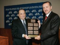 Turkey’s Prime Minister Recep Tayyip Erdogan receives the ADL’s ‘Courage to Care’ award from ADL National Director Abraham Foxman in New York. June 10, 2005. (Photo: jta.org)