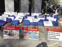 Some of the 40 blue backpacks worn in a protest in New York city against the war in Yemen. Each backpack was accompanied by a sign with the name and age of a child killed on a school bus in Dahyan, northern Yemen, on August 9, 2018, in a Saudi/UAE airstrike.  Photo: CODEPINK