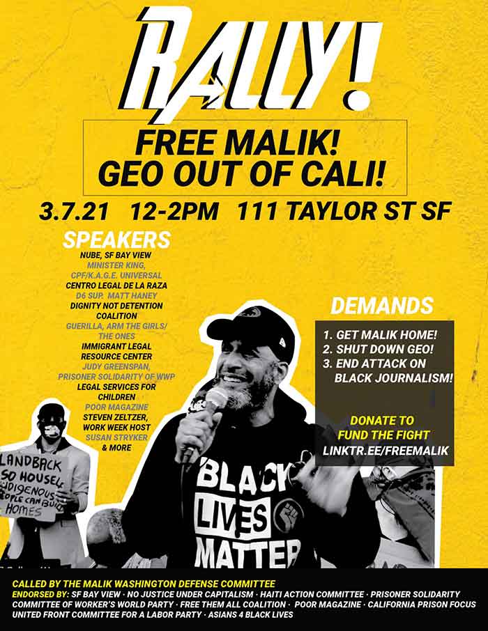 Free Malik March 7 rally flyer