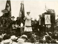 Rosa Luxemburg (1871-1919) addresses a crowd in Stuttgart.