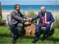 The G7 leaders celebrated that the tumultuous Donald Trump presidency is over. French President Emmanuel Macron (L) sharing happy moment with President Biden, Cornwall, UK, June 12, 2021