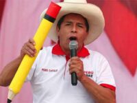 Pedro Castillo speaking at a campaign event. Photo: AP