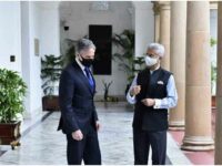 Indian Foreign Minister Subrahmanyam Jaishankar (R) welcomes the US Secretary of State Antony Blinken, New Delhi, July 28, 2021.