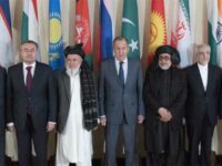 Russian Foreign Minister Sergey Lavrov flanked by Taliban officials attending a conference on Afghanistan, Moscow, November 2018