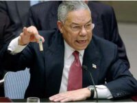Powell holds up a vial he said could contain anthrax as he presents evidence of Iraq's alleged weapons programs to the UN Security Council.