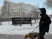 A view of the U.S. Embassy in Kyiv, Ukraine, Saturday, Feb. 12, 2022 [Credit: AP Photo/Andrew Kravchenko]