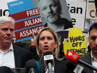 Jennifer Robinson (center) with Kristinn Hrafnsson (left), editor-in-chief of WikiLeaks, address the media at Westminster Magistrate Court in London May 2, 2019. (AP Photo/Frank Augstein)