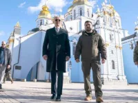 President Joe Biden walks with Ukrainian President Volodymyr Zelensky in front of St. Michael’s Golden-Domed Cathedral on a surprise visit to Kiev on Monday, February 20, 2023. (AP Photo/Evan Vucci)