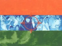 Image by Priti Gulati Cox shows a modified flag of India featuring surviving victims of the 2002 Gujarat carnage at various refugee camps
