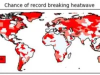 Map showing where record breaking heatwaves are most likely. 