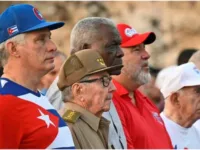 Cuba President Miguel Diaz-Canel (left) and former president Raul Castro (2nd from left) take part in the 2023 May Day celebration.