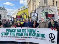 Stop the War Coalition and CND march through London for peace in Ukraine. Photo credit: Stop the War Coalition
