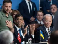 Volodymyr Zelenskiy, Rishi Sunak and Joe Biden at the Nato summit in Vilnius, Lithuania, on 12 July, 2023